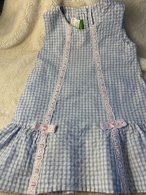 Blue Gingham Girls' Casual Dress with Lace Trim
